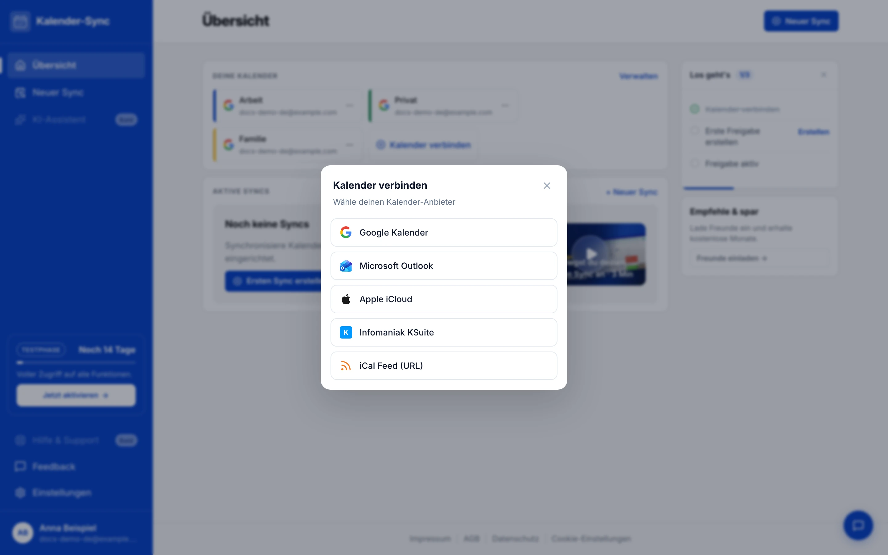 Dialog „Kalender verbinden“ mit Google, Microsoft, Apple iCloud, KSuite und iCal Feed
