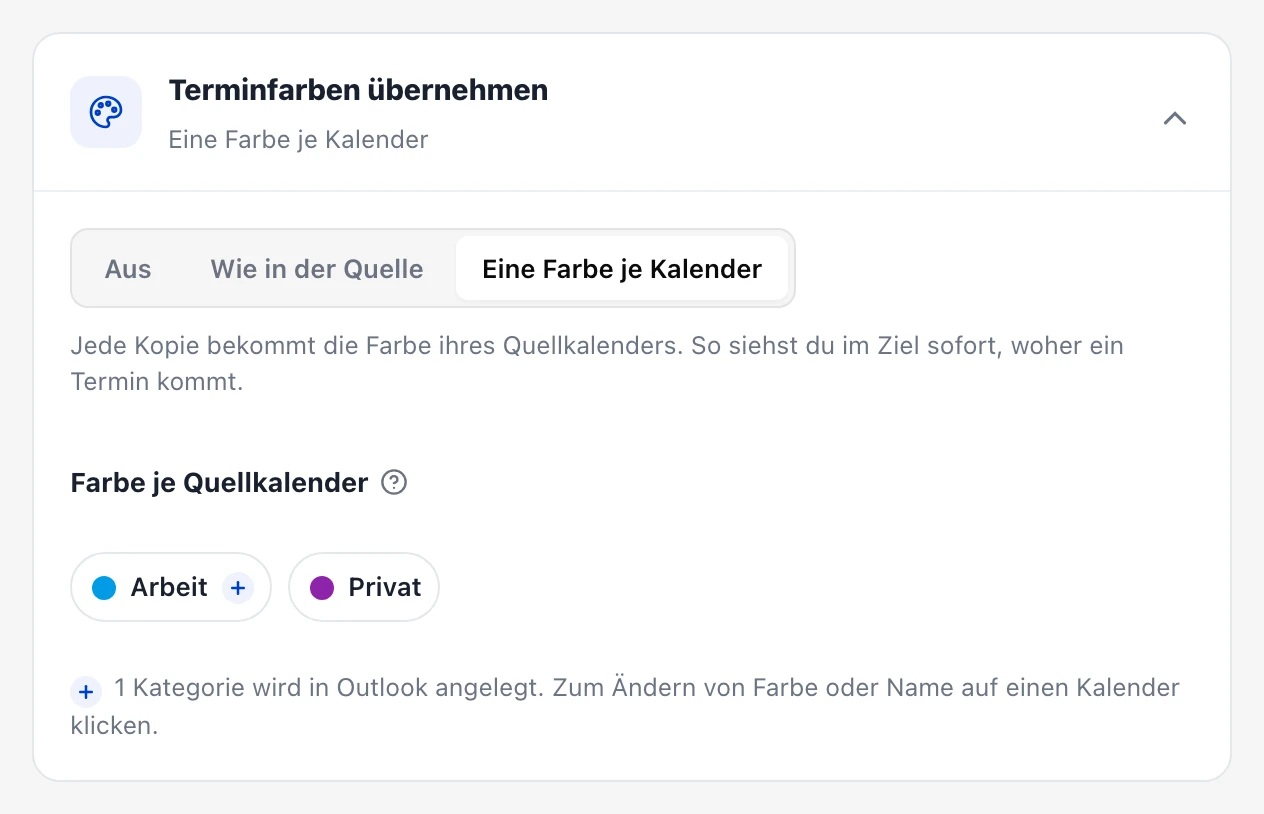 Karte „Terminfarben übernehmen“ mit der Einstellung „Eine Farbe je Kalender“. Die Quellkalender „Arbeit“ in Blau und „Privat“ in Lila.