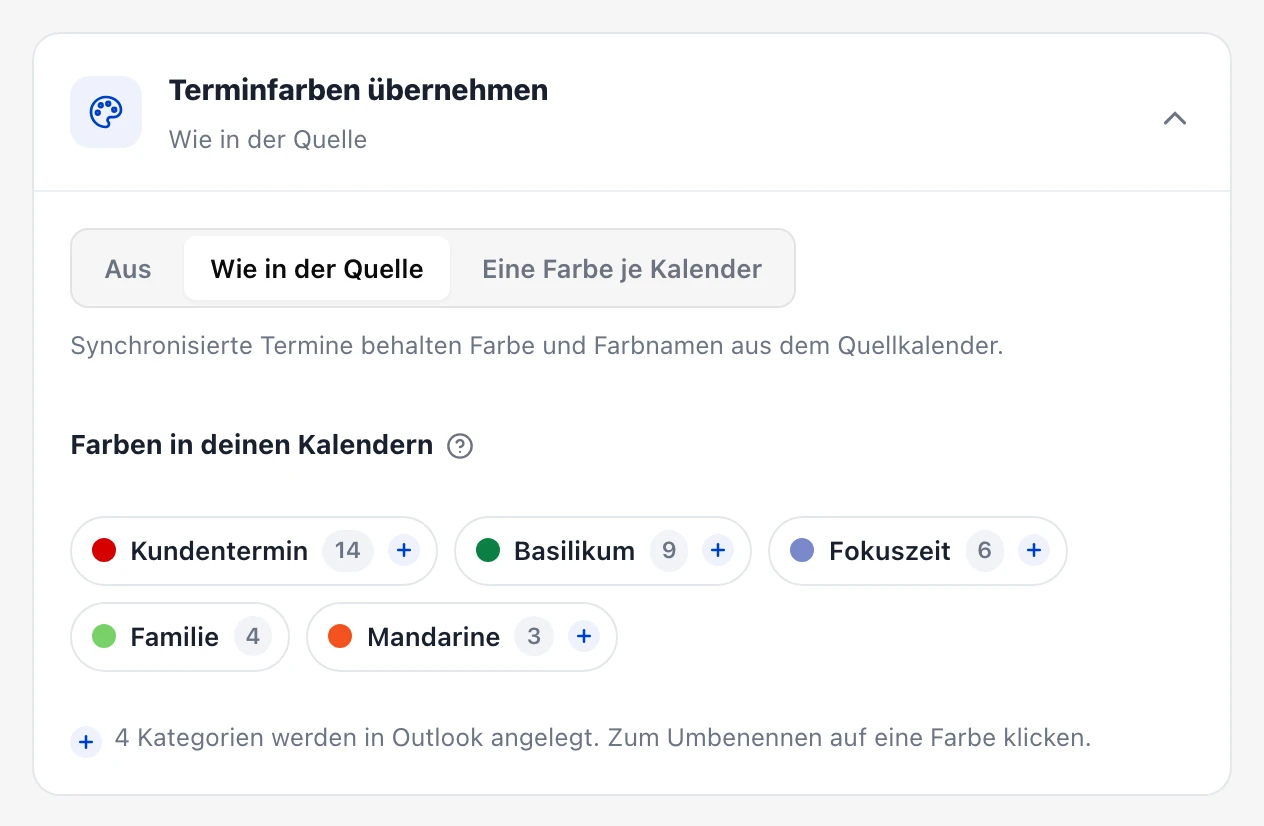 Karte „Terminfarben übernehmen“ im Sync-Assistenten mit der Einstellung „Wie in der Quelle“. Darunter die Farben aus den Kalendern: Kundentermin, Basilikum, Fokuszeit, Familie und Mandarine, jeweils mit Anzahl der Termine.