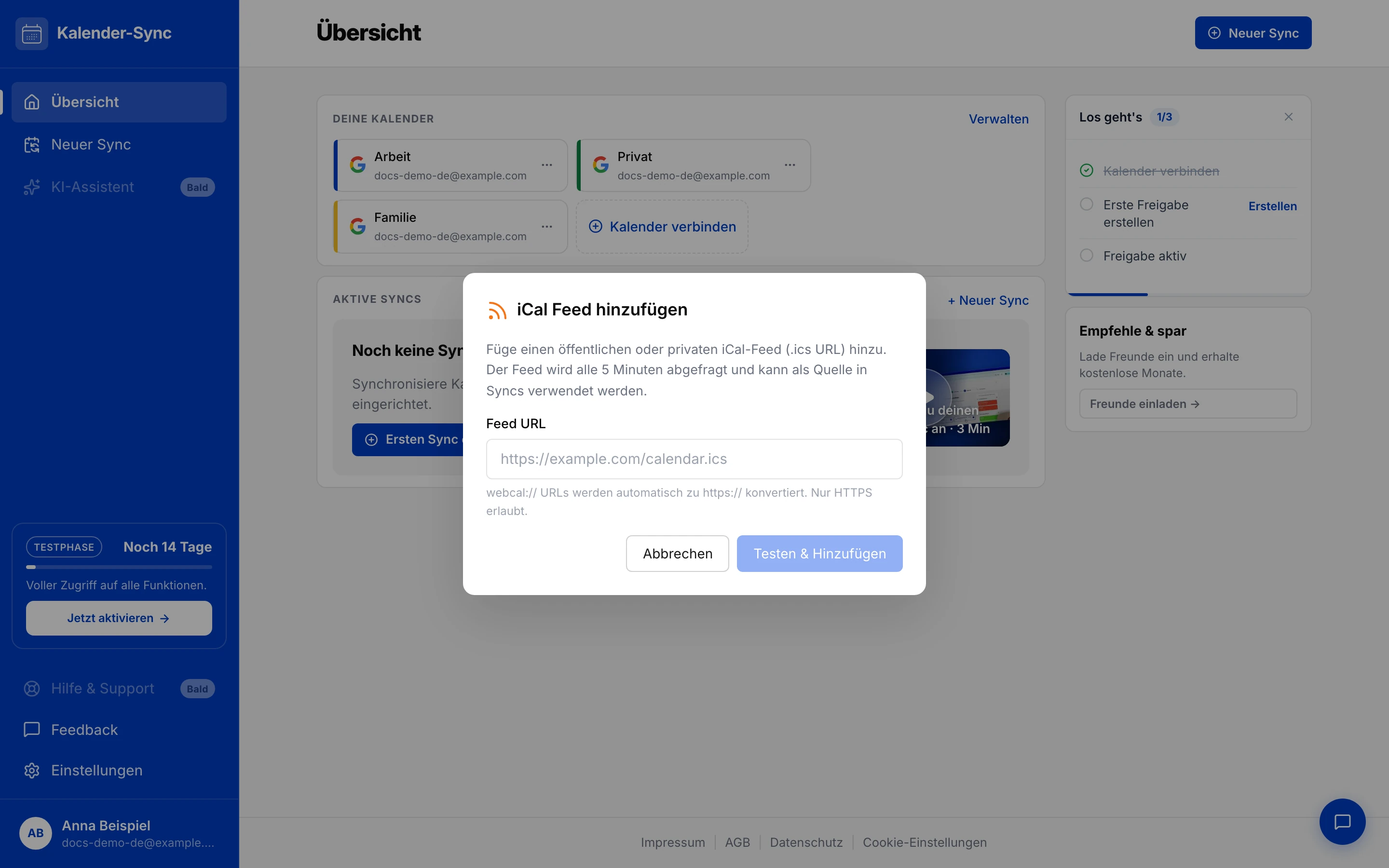 Dialog „iCal Feed hinzufügen“ mit Feed-URL-Feld