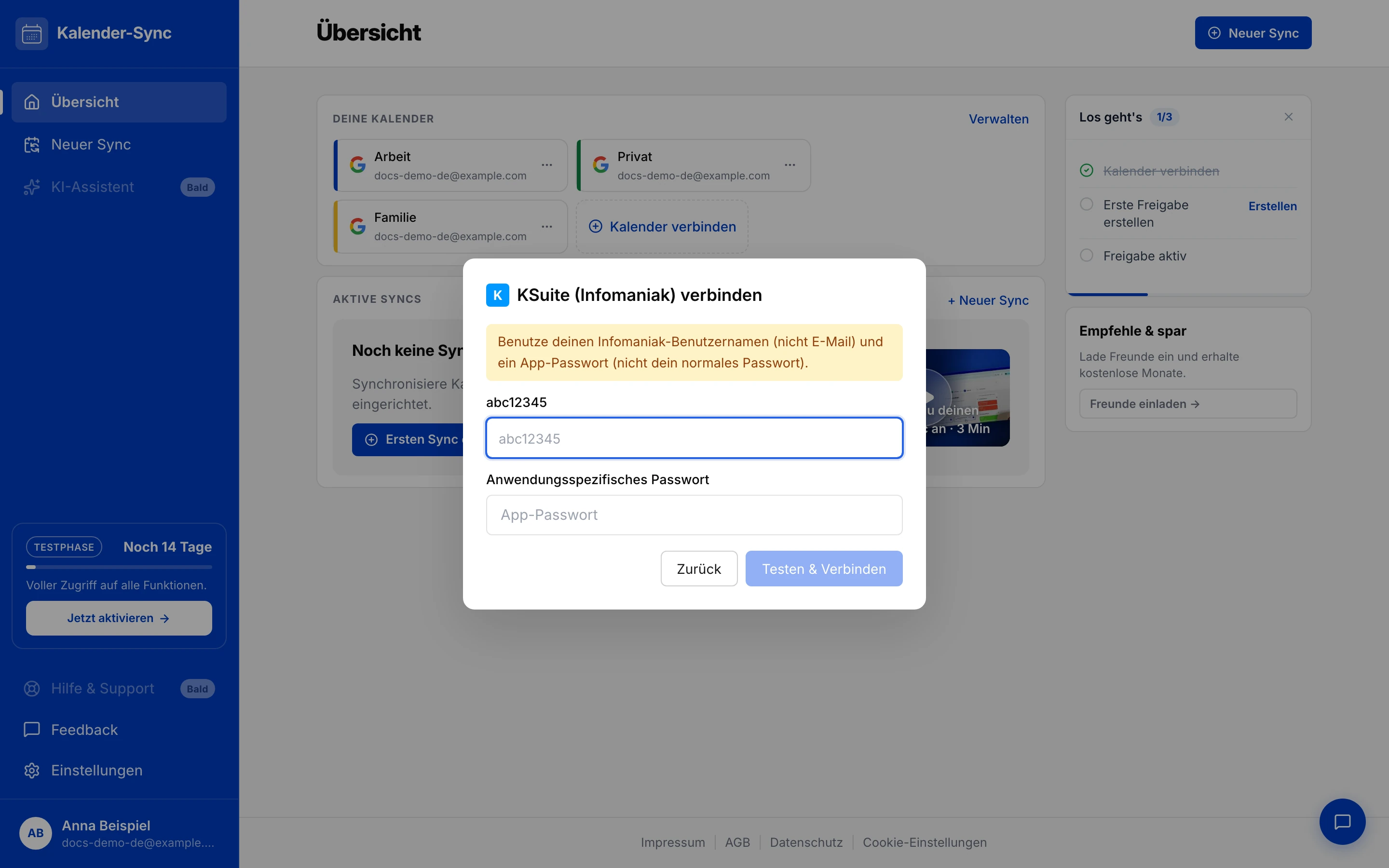 Formular mit Benutzername und App-Passwort