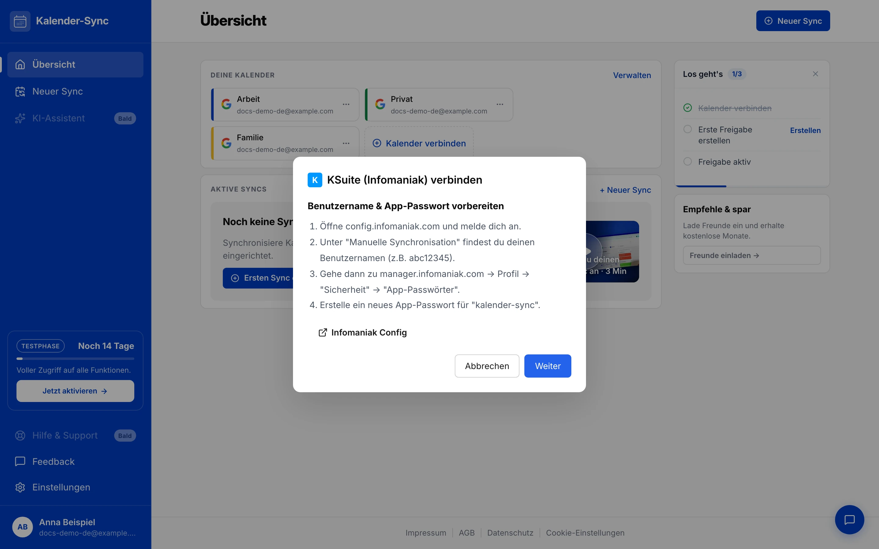 Dialog „KSuite (Infomaniak) verbinden“ mit der Anleitung zu Benutzername und App-Passwort