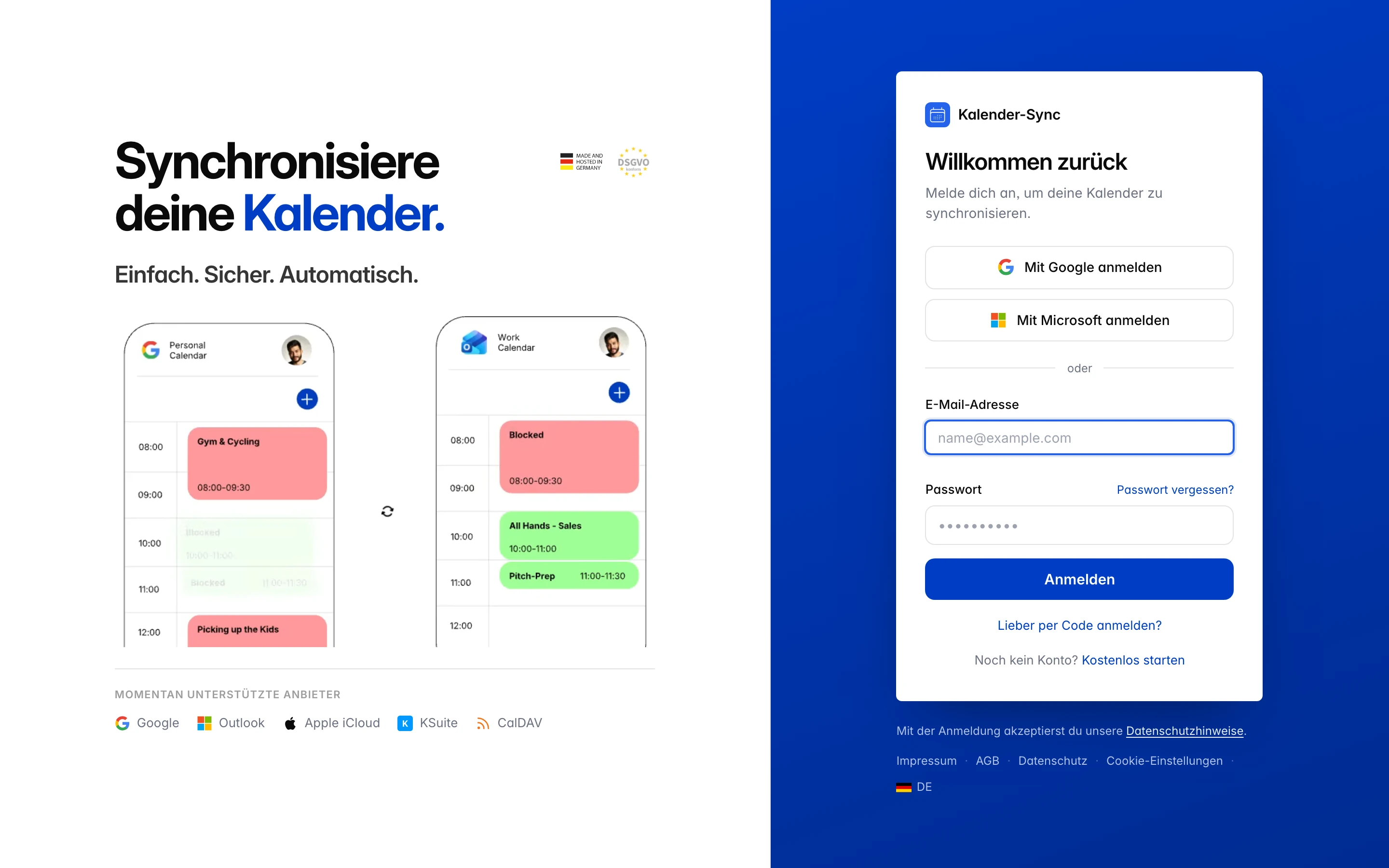 Kalender Sync Login-Seite mit Google/Microsoft-Buttons, E-Mail- und Passwort-Feld