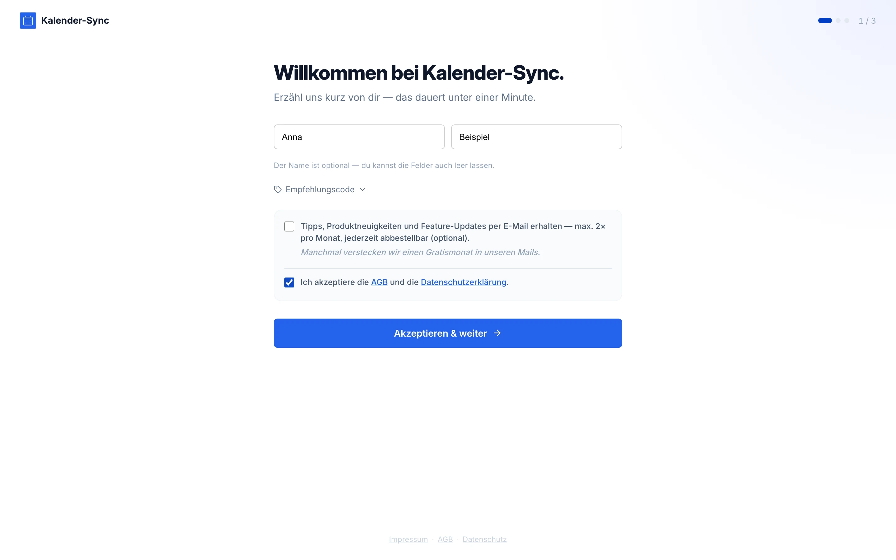 Onboarding-Schritt „Willkommen bei Kalender-Sync“ mit Namensfeldern und AGB-Checkbox