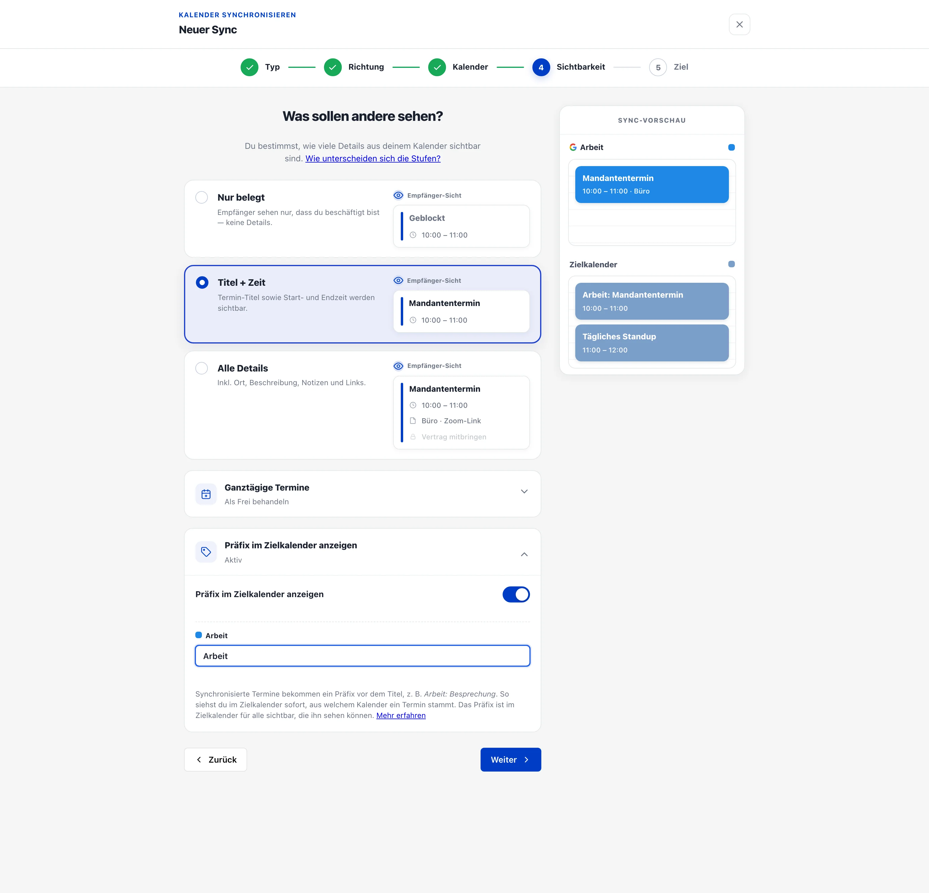 Sichtbarkeits-Schritt im Sync-Assistenten mit aktivierter Option „Präfix im Zielkalender anzeigen“ und Präfix „Arbeit“; die Sync-Vorschau zeigt den Termin „Arbeit: Mandantentermin“ im Zielkalender