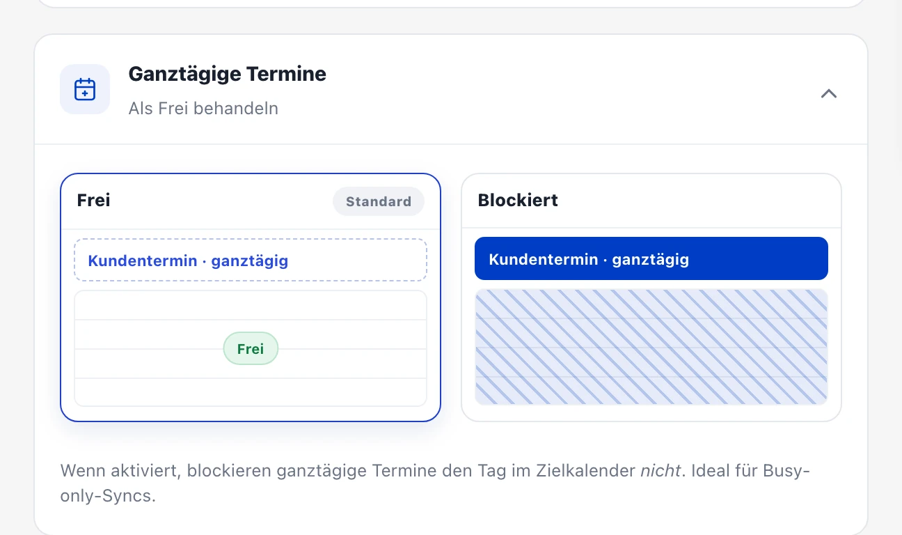 Einstellung „Ganztägige Ereignisse“ mit den Varianten Frei (Standard) und Blockiert