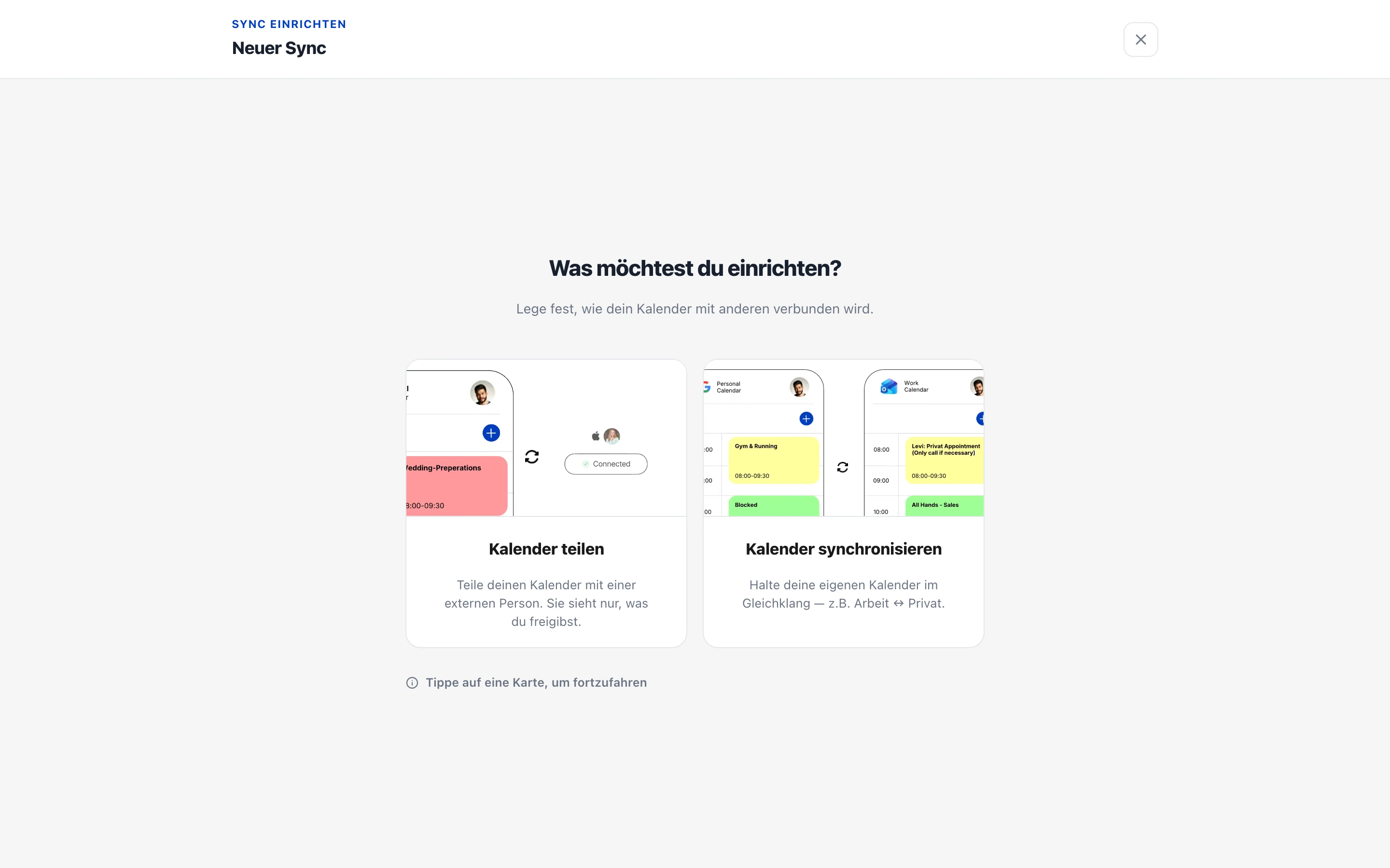 Schritt „Was möchtest du einrichten?“ mit den Karten „Kalender teilen“ und „Kalender synchronisieren“
