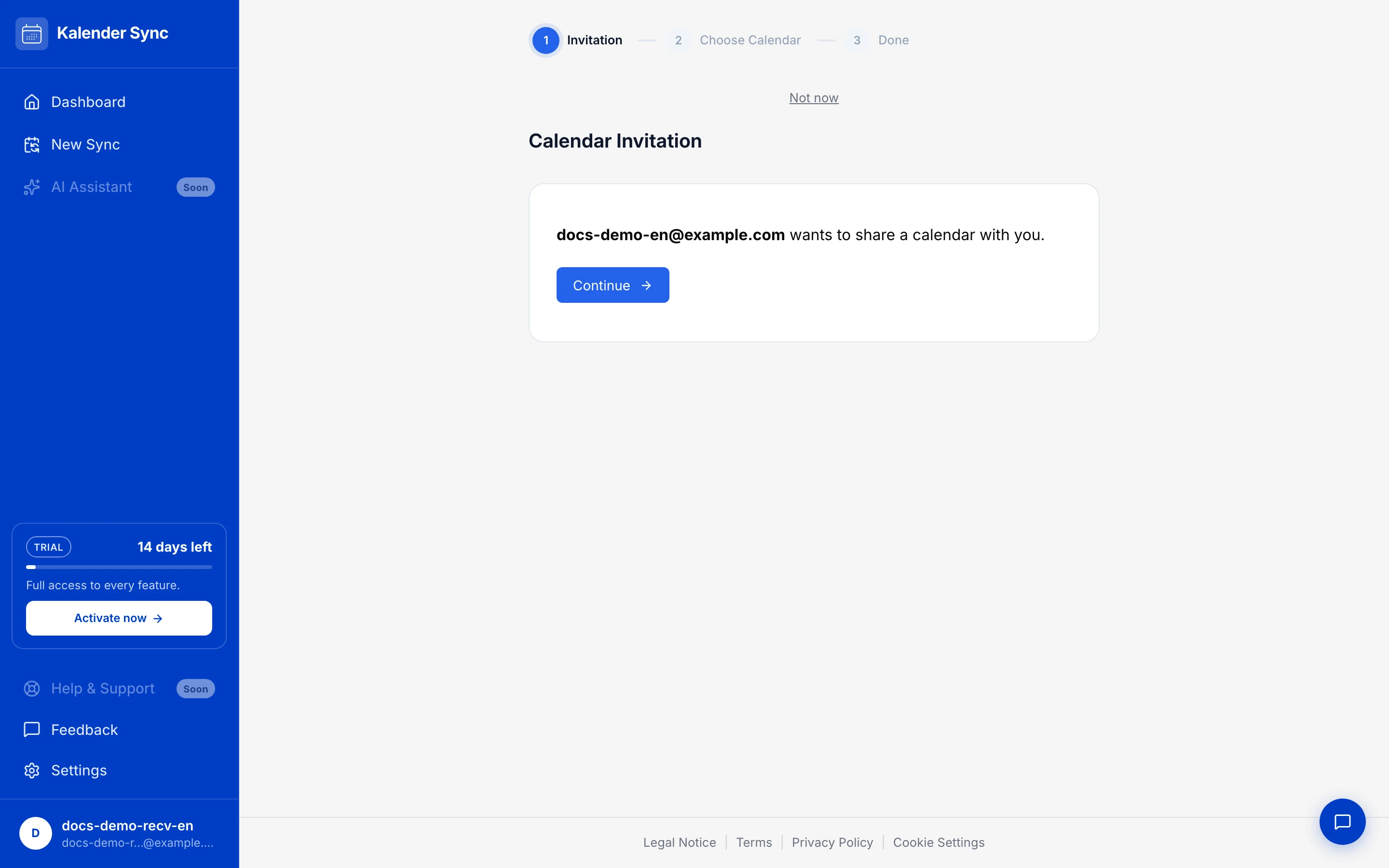 Accept page with the steps Invitation, Choose calendar and Done