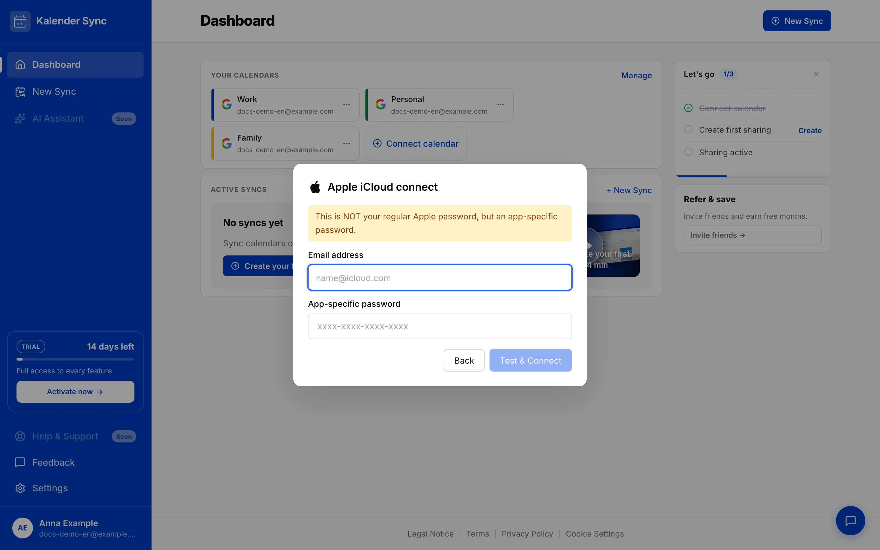 Form with email address and app-specific password