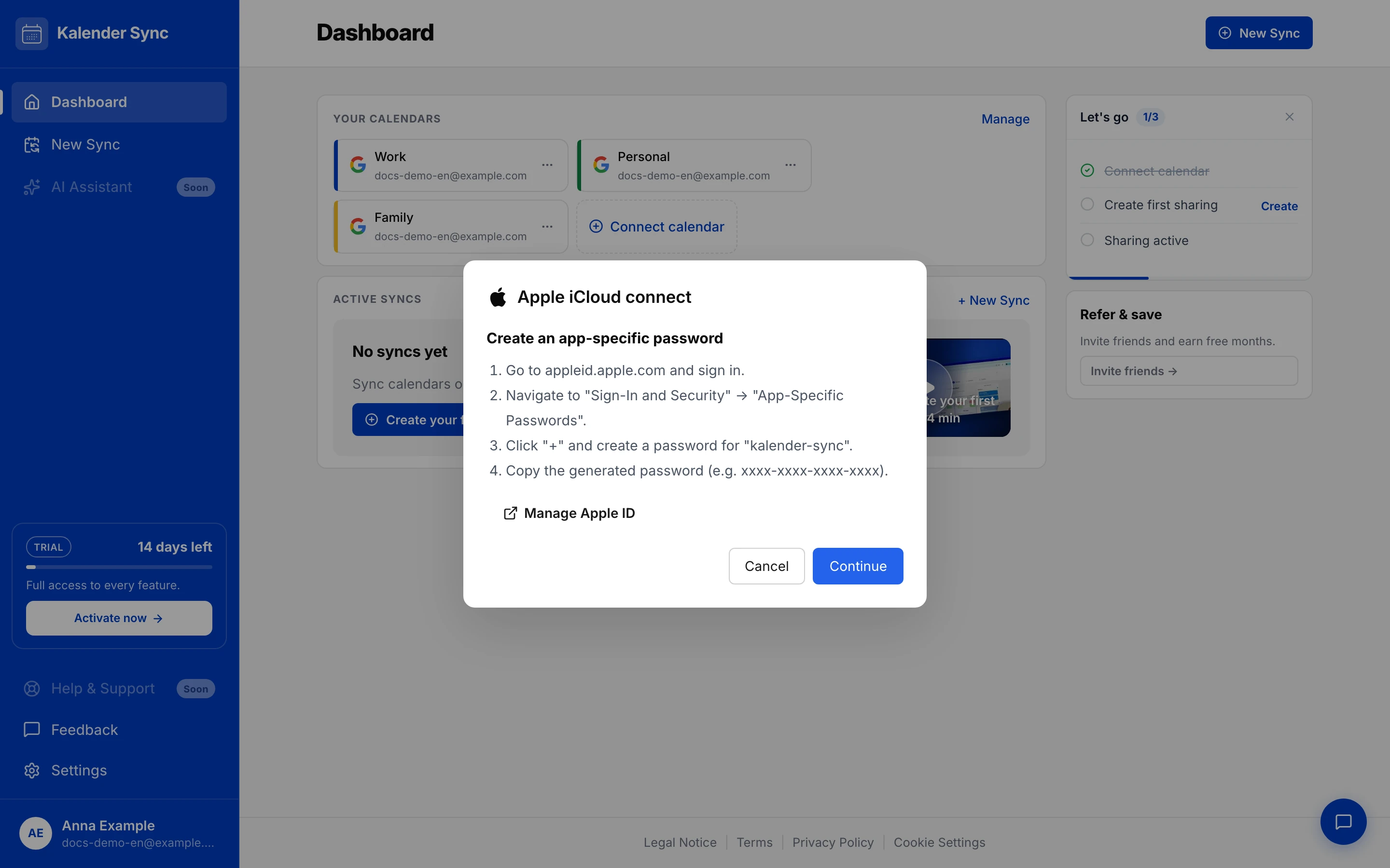 “Connect Apple iCloud” dialog with the app-specific password guide