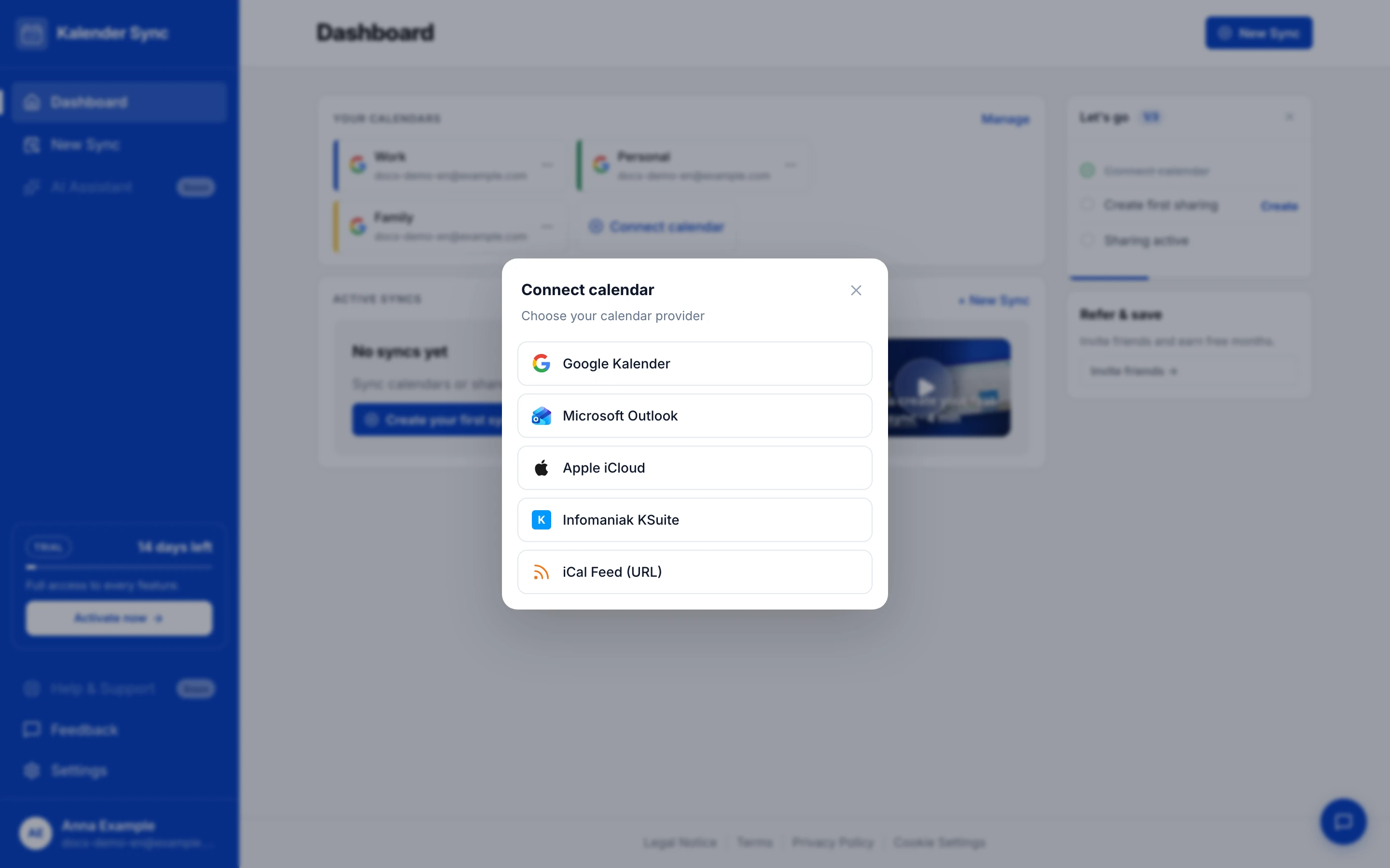 “Connect calendar” dialog with Google, Microsoft, Apple iCloud, KSuite and iCal feed