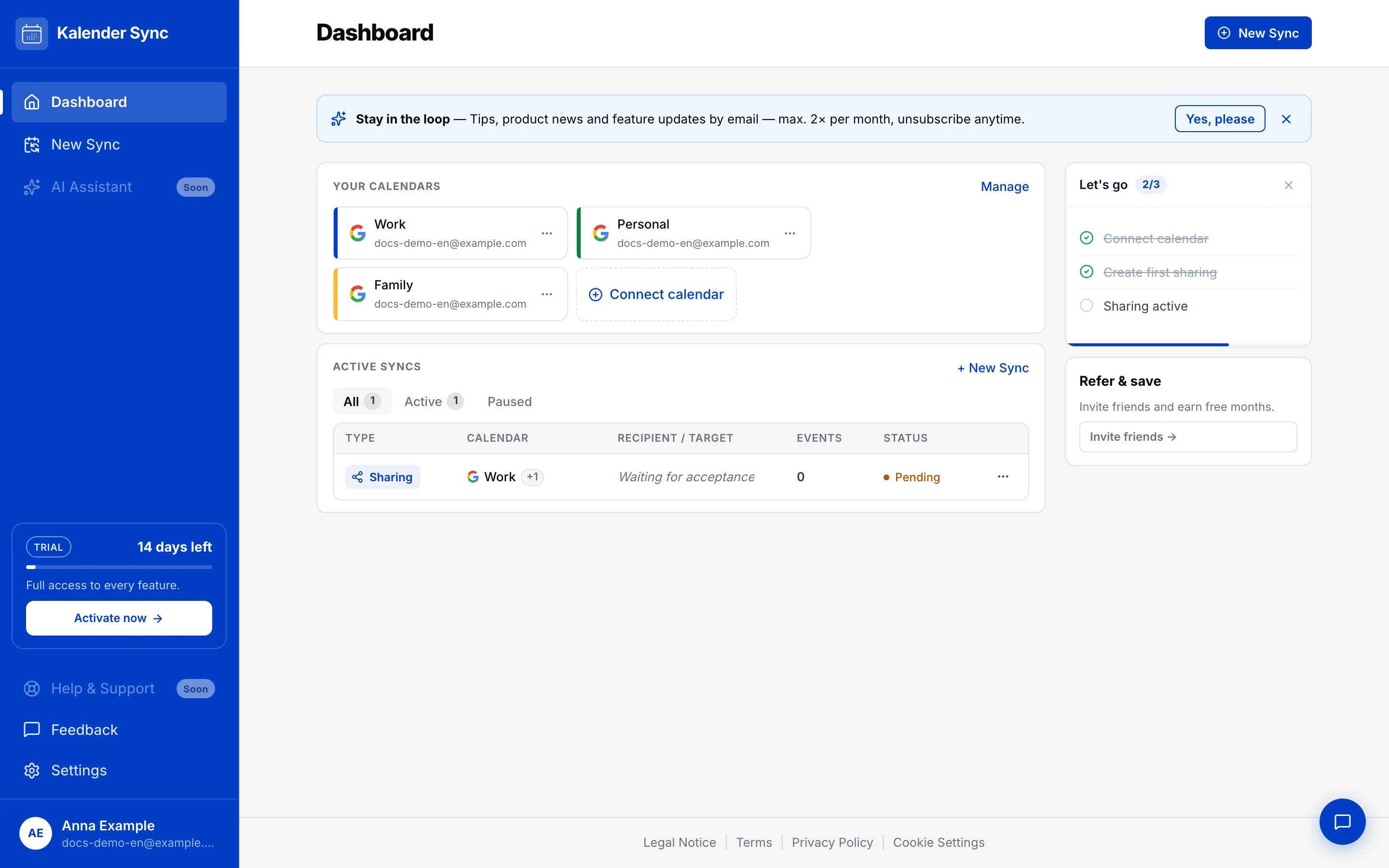 Kalender Sync dashboard with connected calendars and active syncs