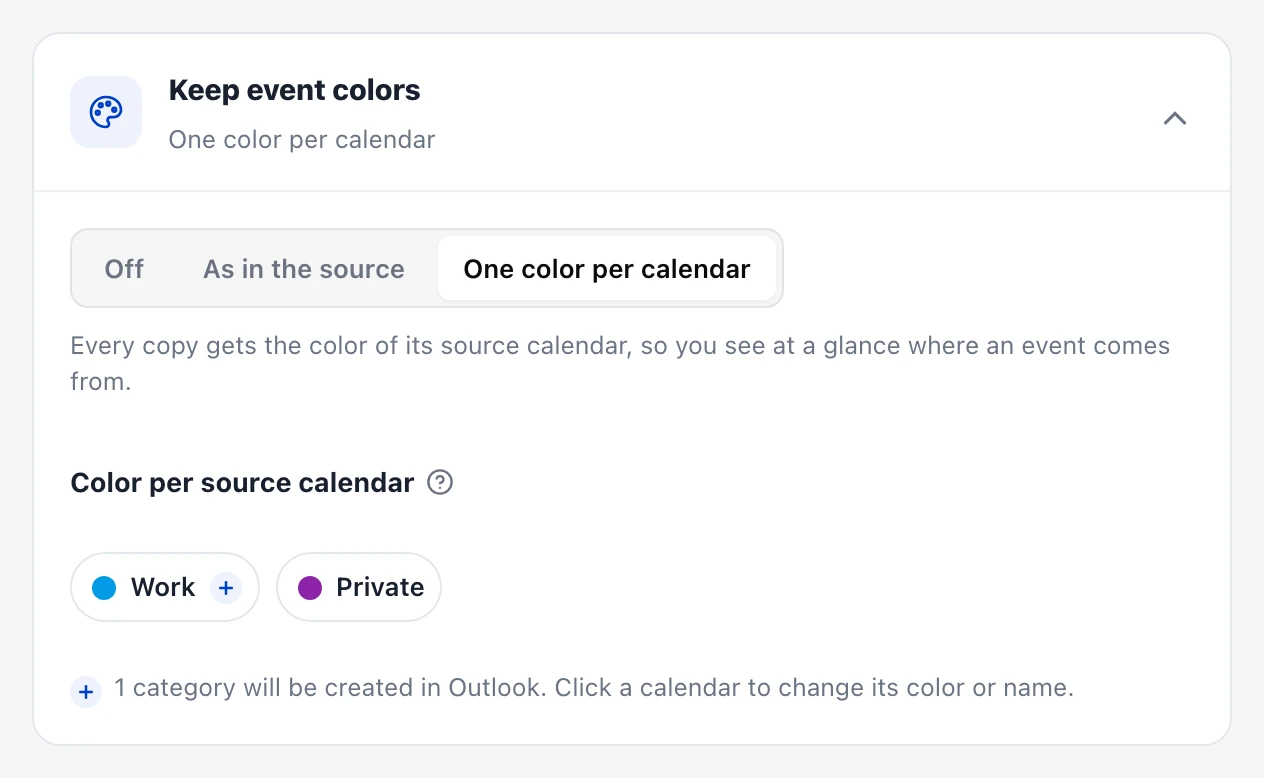 “Keep event colors” card with “One color per calendar” selected. The source calendars “Work” in blue and “Private” in purple.