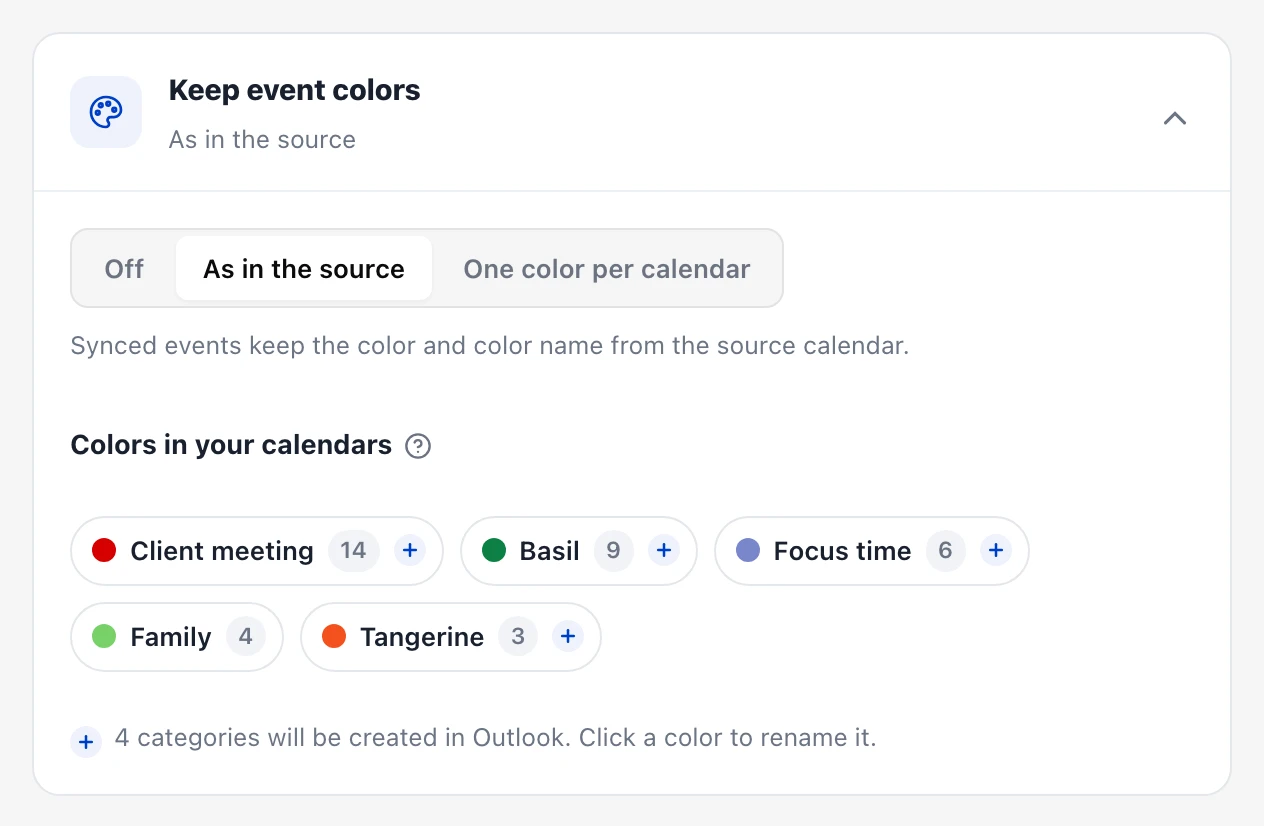 “Keep event colors” card in the sync wizard with “As in the source” selected. Below it, the colors found in the calendars: Client meeting, Basil, Focus time, Family and Tangerine, each with its number of events.