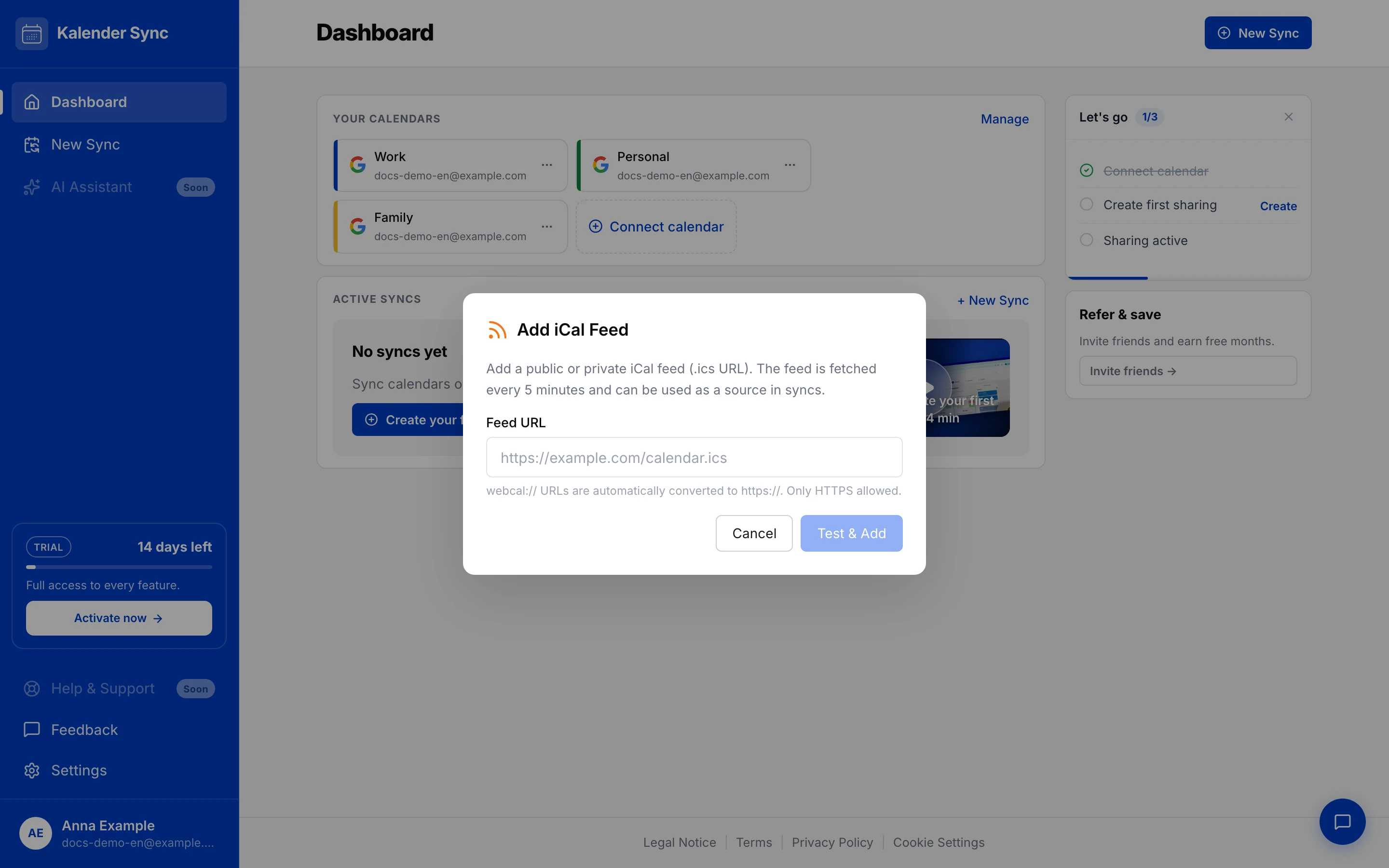 “Add iCal Feed” dialog with feed URL field