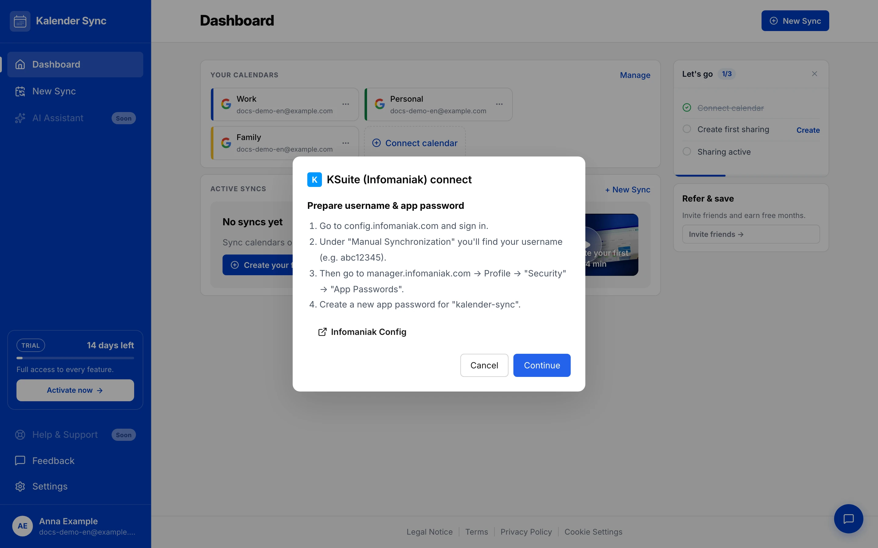 “Connect KSuite (Infomaniak)” dialog with the username and app password guide