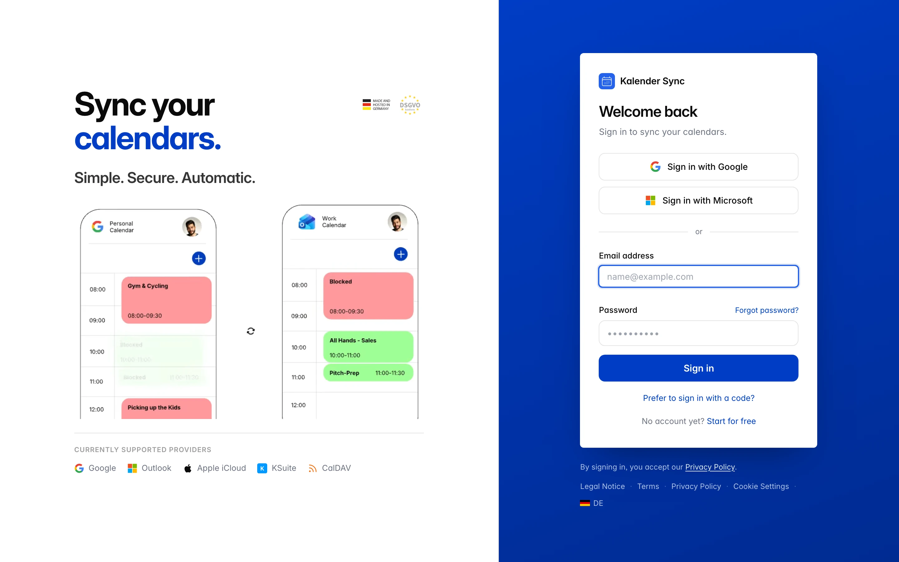 Kalender Sync login page with Google/Microsoft buttons, email and password fields