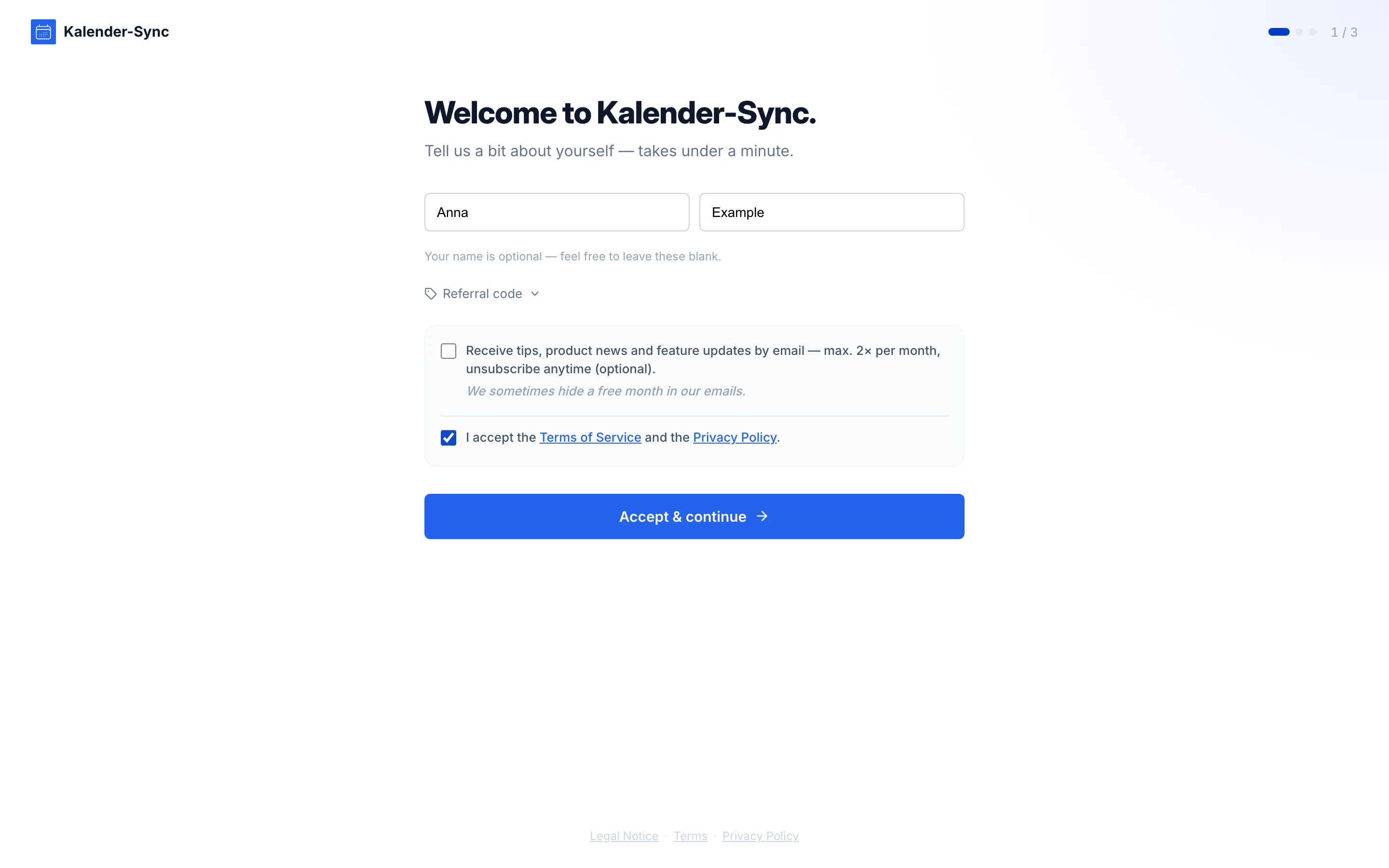 Onboarding step with name fields and terms checkbox