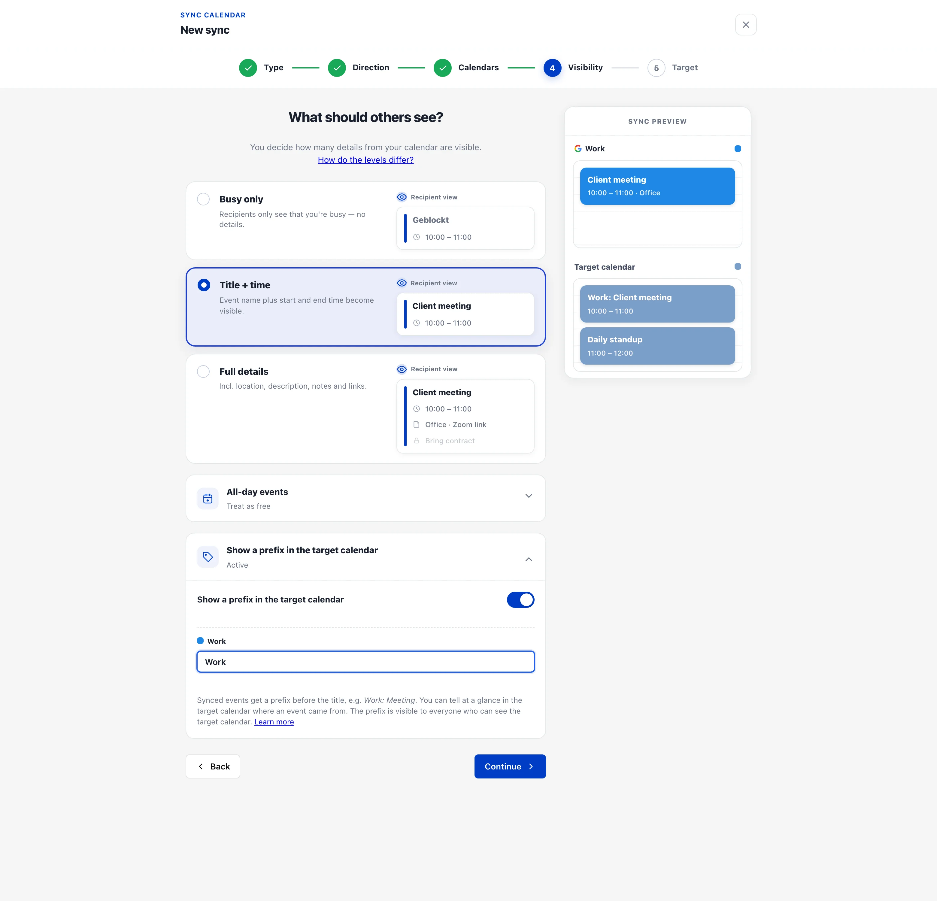 Visibility step in the sync wizard with the option “Show a prefix in the target calendar” enabled and prefix “Work”; the sync preview shows the event “Work: Client meeting” in the target calendar