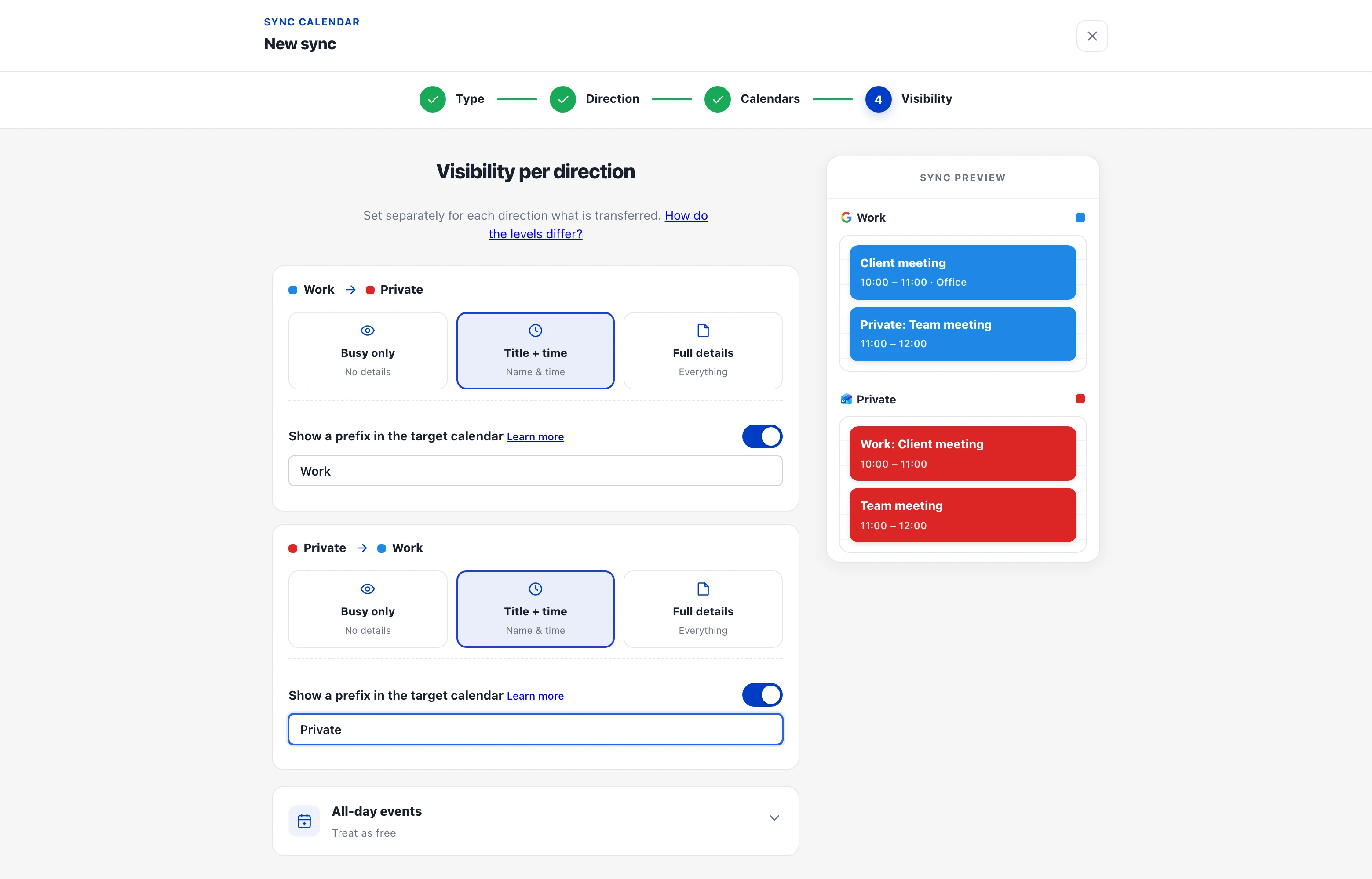 Visibility per direction in a two-way sync: prefix “Work” for the Work → Private direction and prefix “Private” for the reverse; the sync preview shows both prefixes