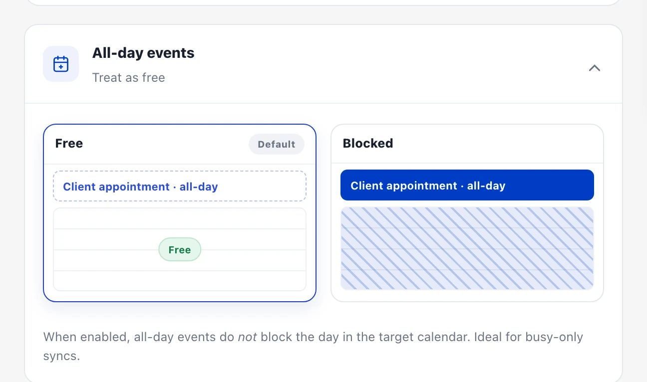 “All-day events” setting with the options Free (default) and Blocked