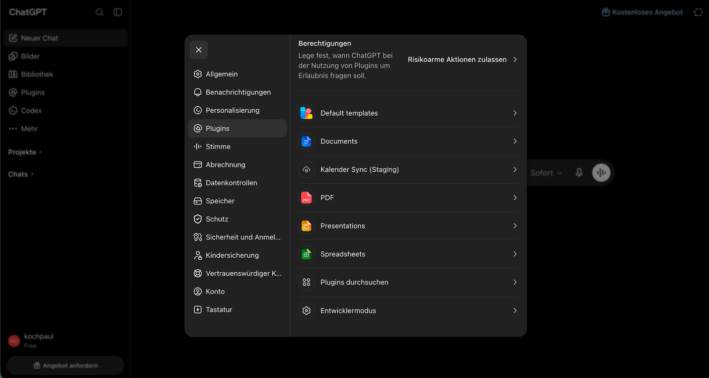 ChatGPT-Einstellungen: Plugins mit dem Eintrag „Entwicklermodus" unten