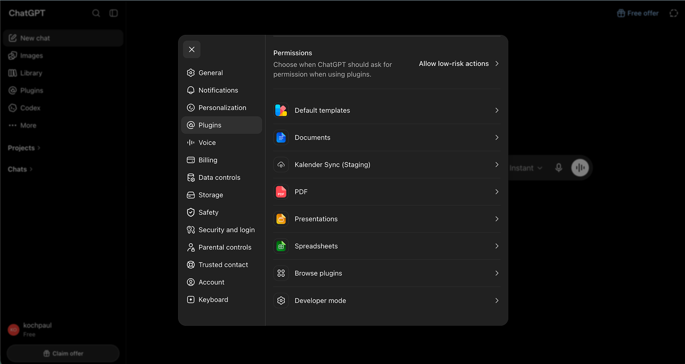 ChatGPT settings: Connectors with the "Developer mode" entry under Advanced