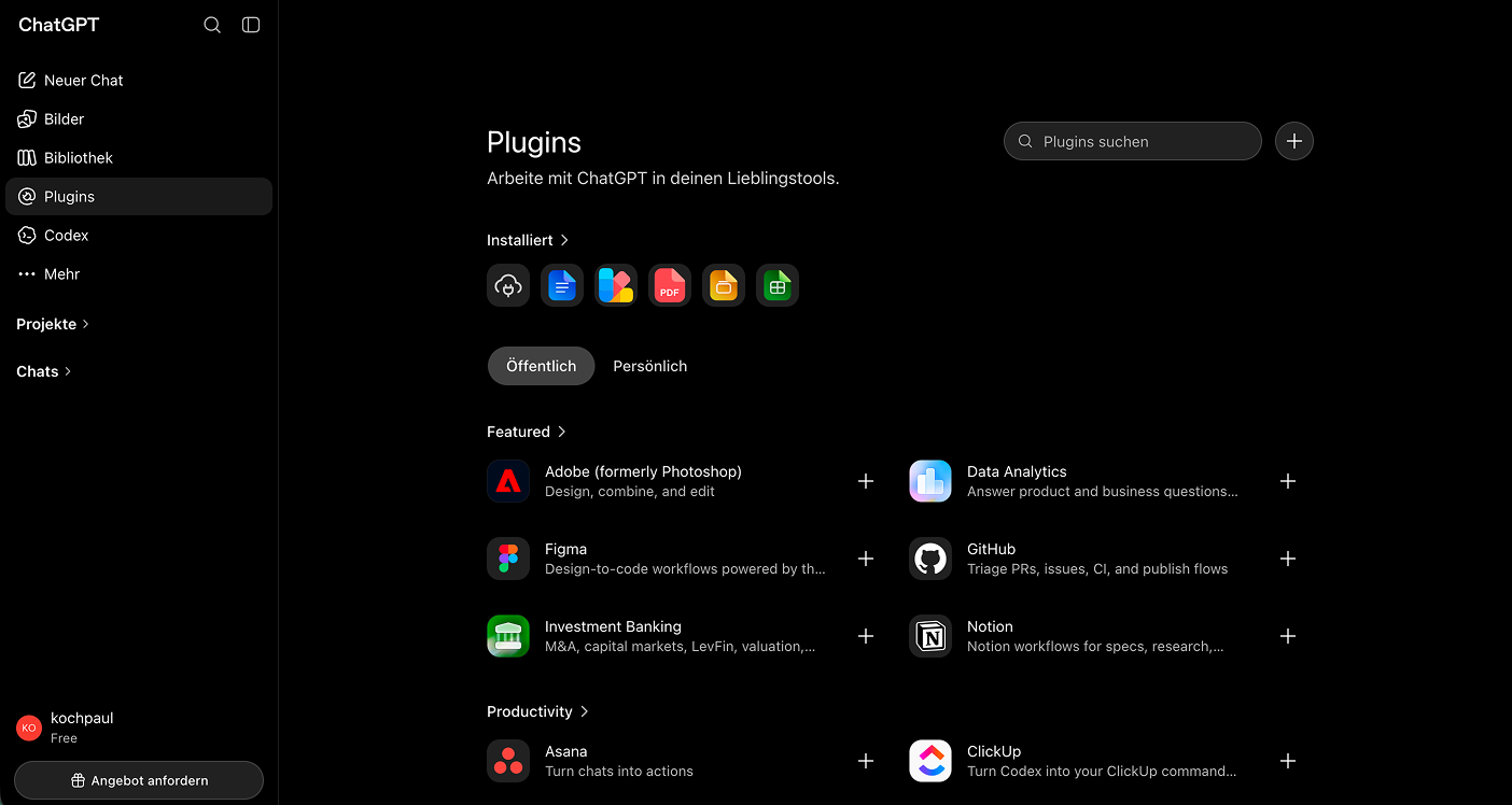 Die Plugins-Übersicht in ChatGPT mit dem Plus-Button
