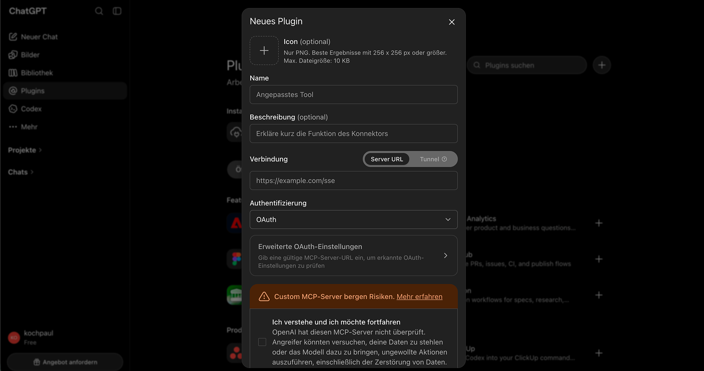 Der Dialog „Neues Plugin" mit Server-URL und OAuth