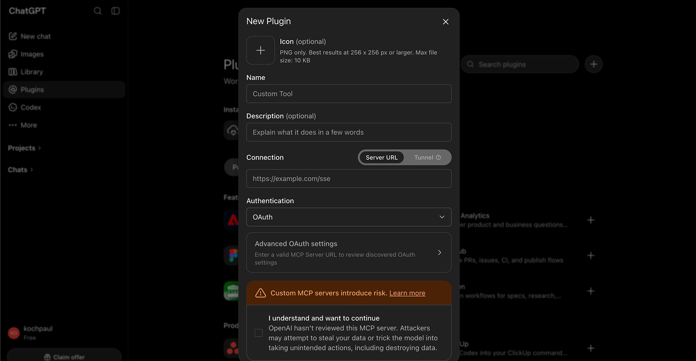 The "New connector" dialog with Server URL and OAuth